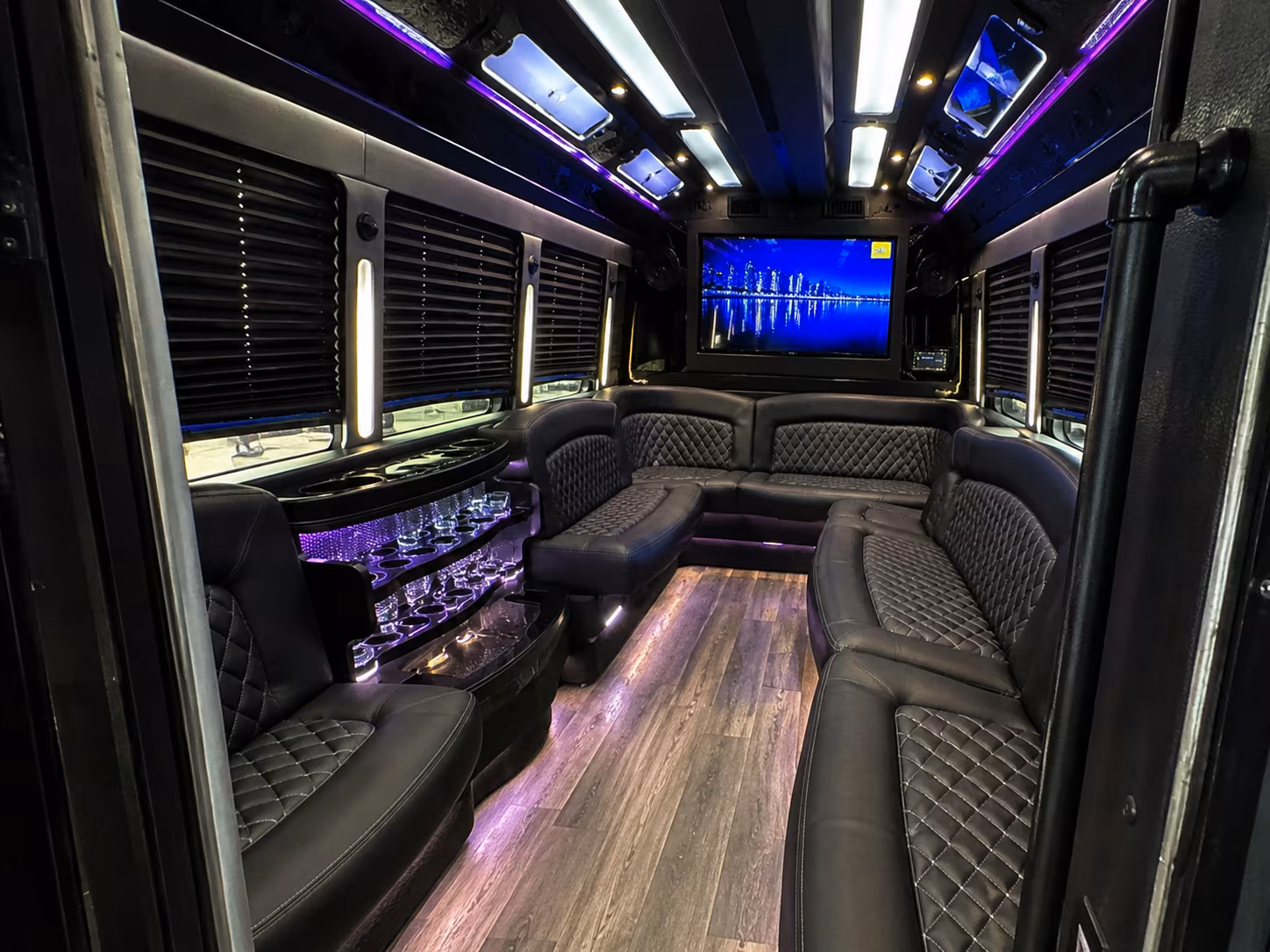 Group beside a Mercedes Sprinter limo in Baton Rouge