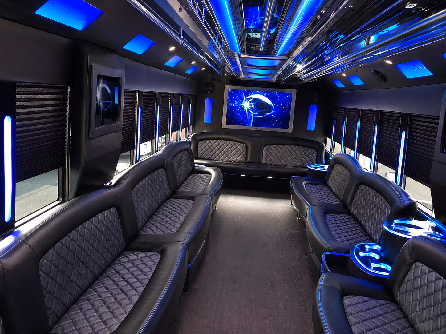 Wedding guests seated inside a party bus serving Baton Rouge